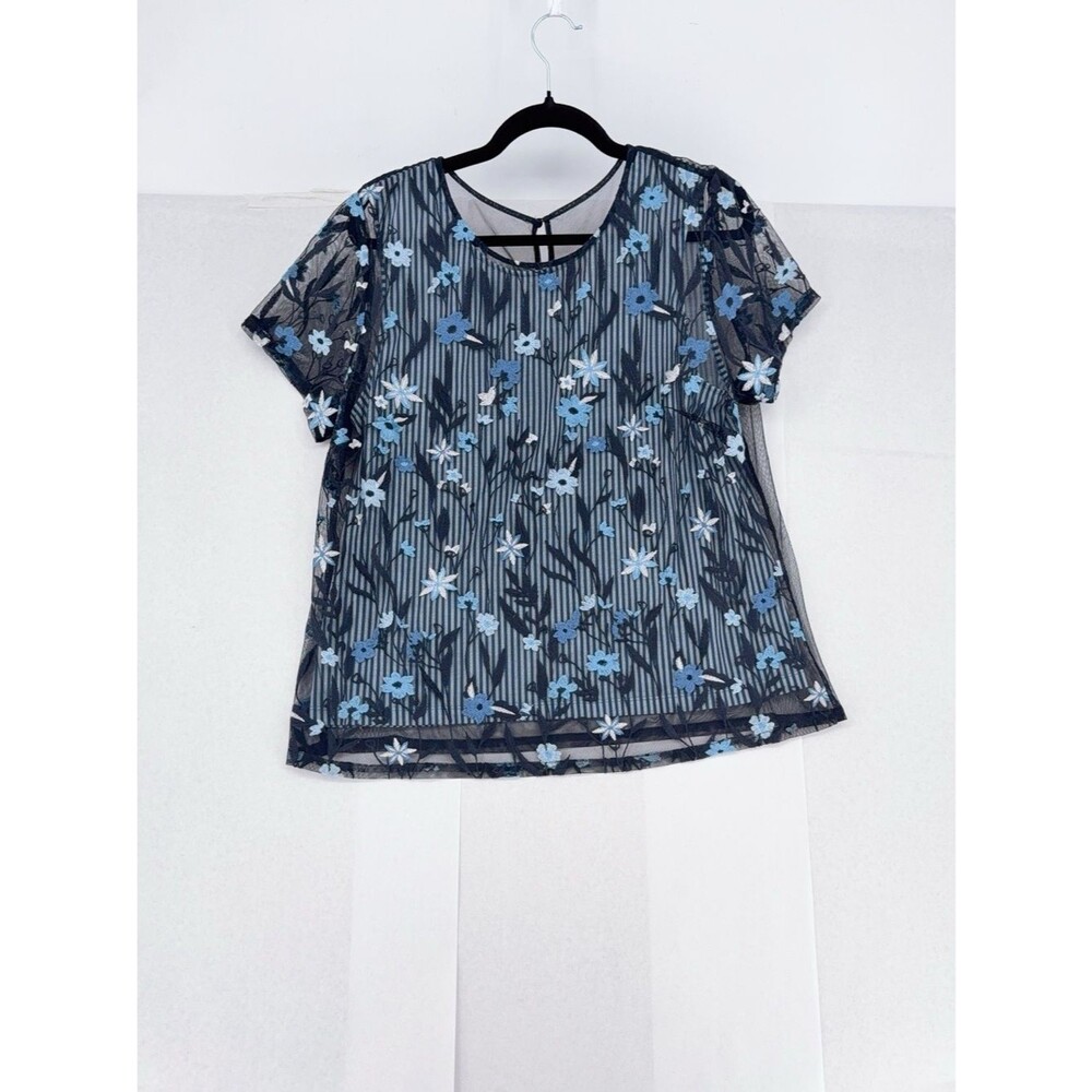 Christopher Banks Sheer Floral & Stripe Blue Top Blouse SIZE L NWOT